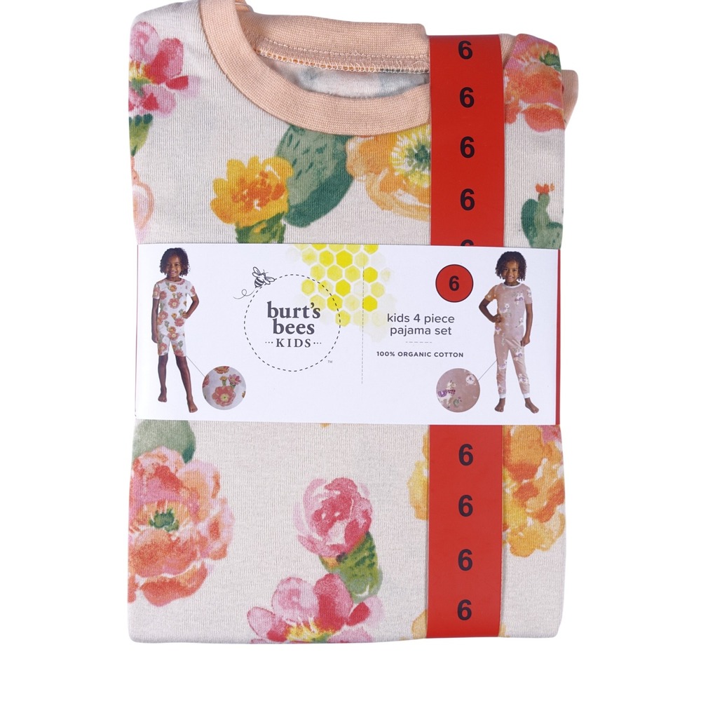 Burts Bees Kids 4 Piece Pajama Set 6 Organic Cotton Floral Llama Orange NEW